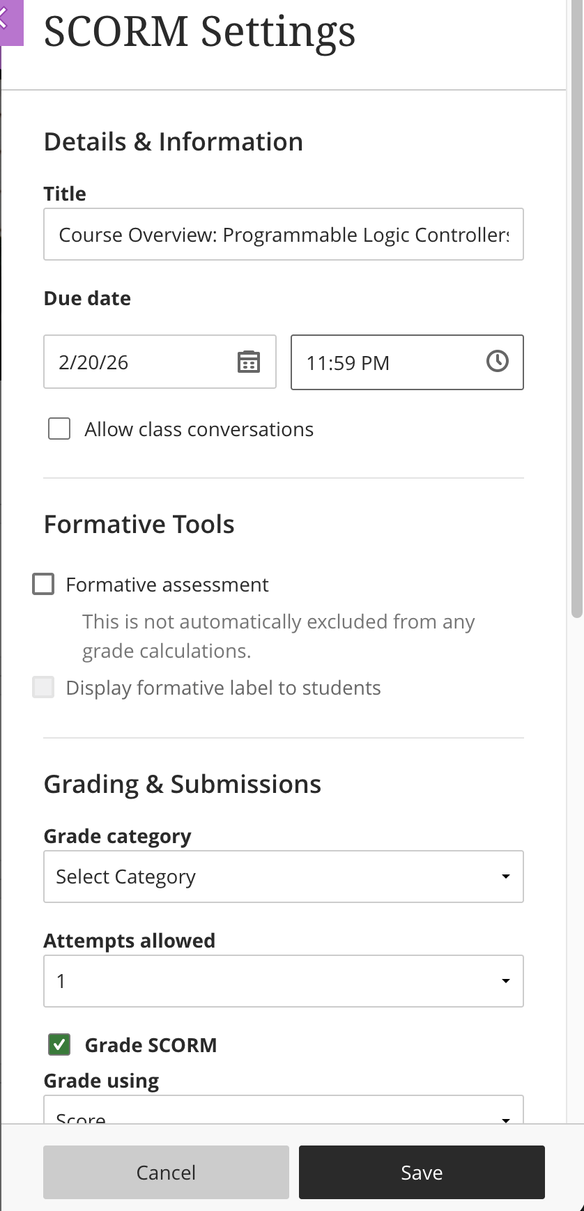The SCORM settingsmmenu, where you can enter a title, due date and grade settings.